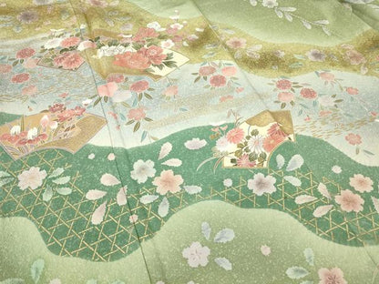 平和屋着物●訪問着 絞り 地紙花文 暈し染め 金彩 正絹 逸品 未使用 DABA4647az