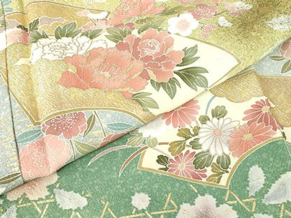 平和屋着物●訪問着 絞り 地紙花文 暈し染め 金彩 正絹 逸品 未使用 DABA4647az
