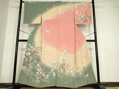 平和屋着物●十日町友禅作家 松雨 訪問着 立鶴枝花文 暈し染め 金彩 正絹 逸品 DABA4649az