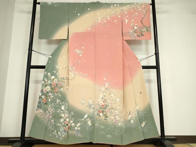 平和屋着物●十日町友禅作家 松雨 訪問着 立鶴枝花文 暈し染め 金彩 正絹 逸品 DABA4649az