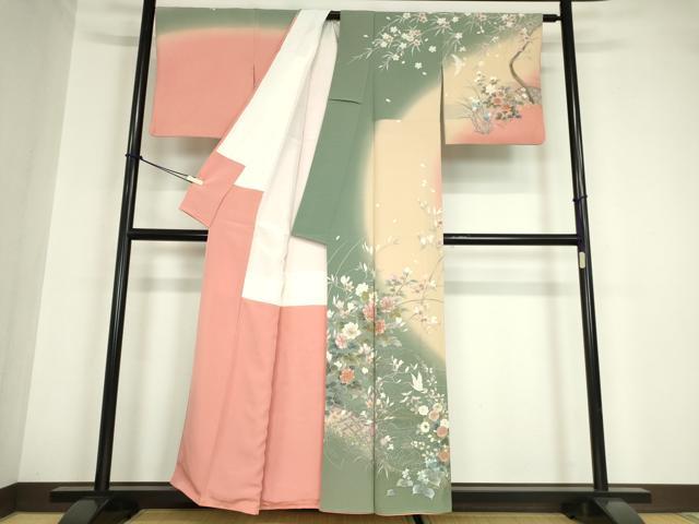 平和屋着物●十日町友禅作家 松雨 訪問着 立鶴枝花文 暈し染め 金彩 正絹 逸品 DABA4649az