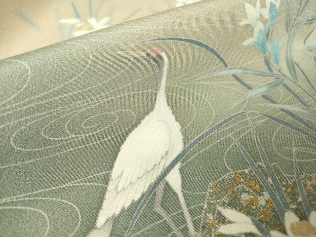 平和屋着物●十日町友禅作家 松雨 訪問着 立鶴枝花文 暈し染め 金彩 正絹 逸品 DABA4649az
