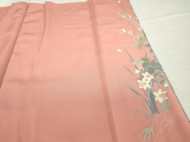 平和屋着物●十日町友禅作家 松雨 訪問着 立鶴枝花文 暈し染め 金彩 正絹 逸品 DABA4649az