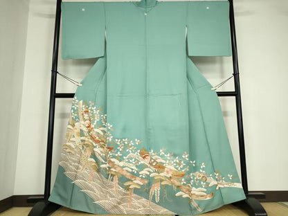 平和屋着物●豪華色留袖 駒刺繍 吉祥短冊流水花文 金彩 正絹 逸品 DABA4651az