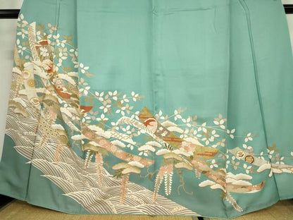 平和屋着物●豪華色留袖 駒刺繍 吉祥短冊流水花文 金彩 正絹 逸品 DABA4651az
