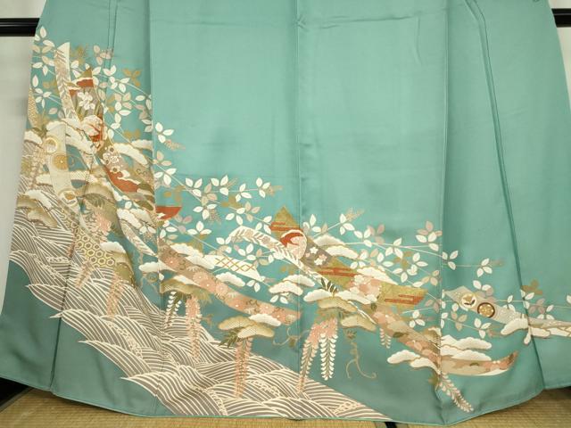 平和屋着物●豪華色留袖 駒刺繍 吉祥短冊流水花文 金彩 正絹 逸品 DABA4651az