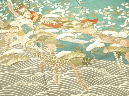 平和屋着物●豪華色留袖 駒刺繍 吉祥短冊流水花文 金彩 正絹 逸品 DABA4651az