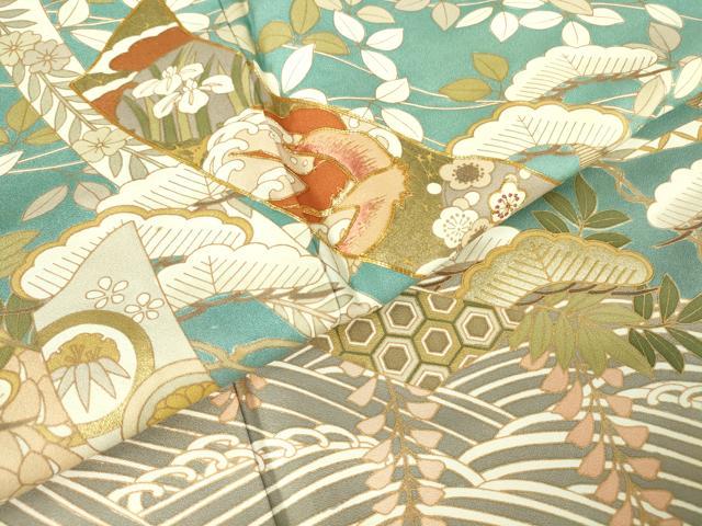 平和屋着物●豪華色留袖 駒刺繍 吉祥短冊流水花文 金彩 正絹 逸品 DABA4651az