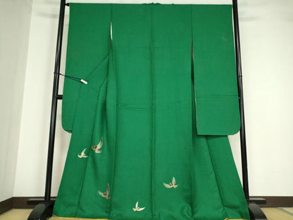 平和屋着物●染色作家 斉藤三才 振袖 三才鳥 金彩 常磐色 正絹 逸品 DABA4652az