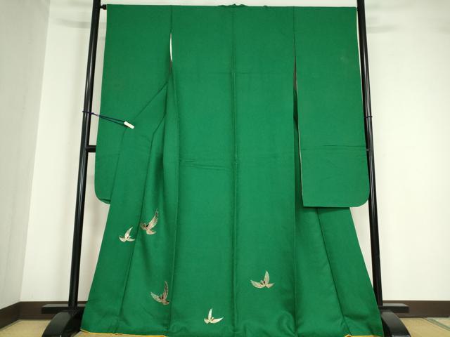 平和屋着物●染色作家 斉藤三才 振袖 三才鳥 金彩 常磐色 正絹 逸品 DABA4652az