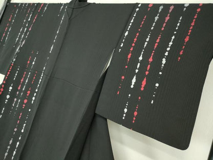 平和屋着物●訪問着　片身替わり　変わり縞　黒地　正絹　逸品　DABA4655az