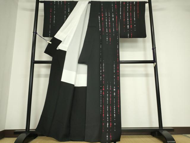 平和屋着物●訪問着　片身替わり　変わり縞　黒地　正絹　逸品　DABA4655az