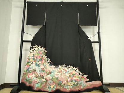 平和屋着物●本加賀友禅作家 鶴見保次 黒留袖 花鳥文 正絹 逸品 DABA4658az