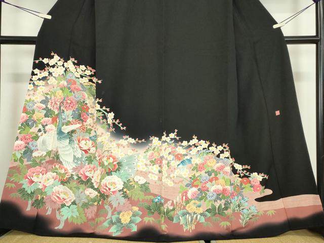 平和屋着物●本加賀友禅作家 鶴見保次 黒留袖 花鳥文 正絹 逸品 DABA4658az