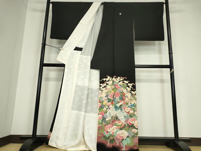 平和屋着物●本加賀友禅作家 鶴見保次 黒留袖 花鳥文 正絹 逸品 DABA4658az