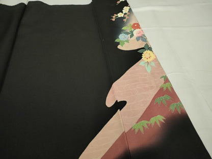 平和屋着物●本加賀友禅作家 鶴見保次 黒留袖 花鳥文 正絹 逸品 DABA4658az