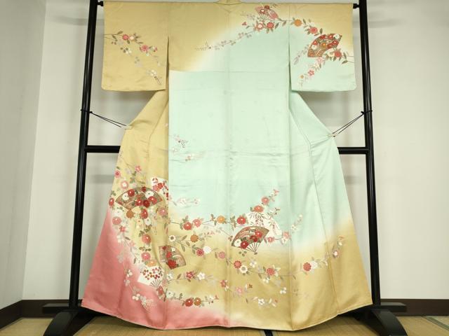 平和屋着物●訪問着 扇面吉祥花文 暈し染め 金彩 正絹 逸品 未使用 DABA4673az