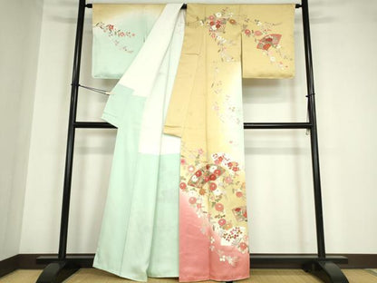 平和屋着物●訪問着 扇面吉祥花文 暈し染め 金彩 正絹 逸品 未使用 DABA4673az