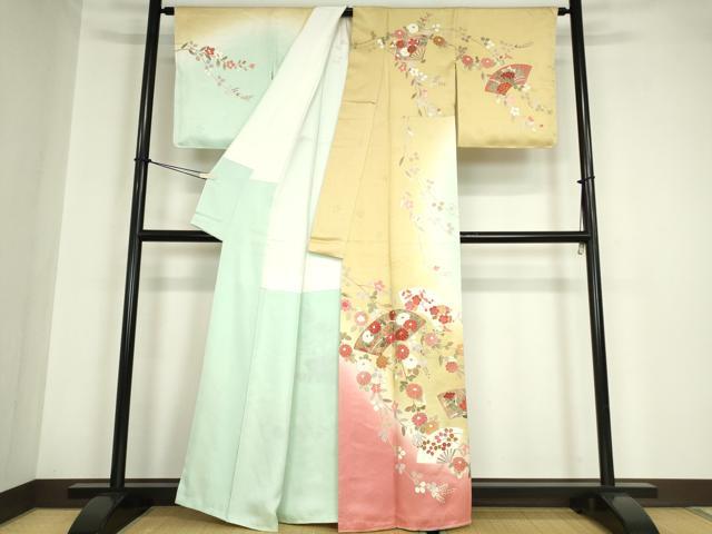 平和屋着物●訪問着 扇面吉祥花文 暈し染め 金彩 正絹 逸品 未使用 DABA4673az