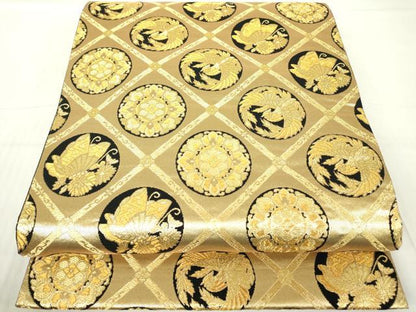 平和屋着物▼六通柄袋帯 天井鳳凰花蝶文 金糸 正絹 逸品 DABA4686az