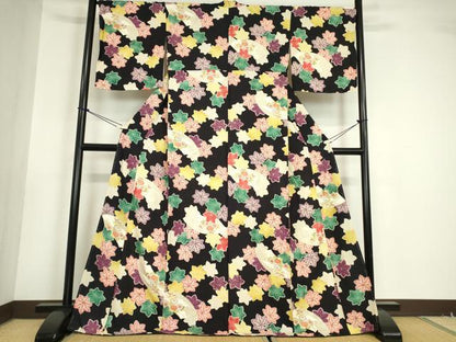 平和屋着物●上質な小紋 地紙楓文 黒地 金彩 正絹 逸品 未使用 DABA4713az