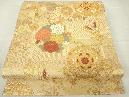 平和屋着物▼六通柄袋帯 正倉院花蝶文 金糸 正絹 逸品 DABA4749az