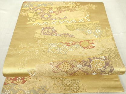 平和屋着物▼六通柄袋帯 地紙吉祥花文 金糸 正絹 逸品 DABA4754az