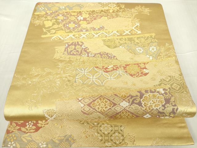 平和屋着物▼六通柄袋帯 地紙吉祥花文 金糸 正絹 逸品 DABA4754az