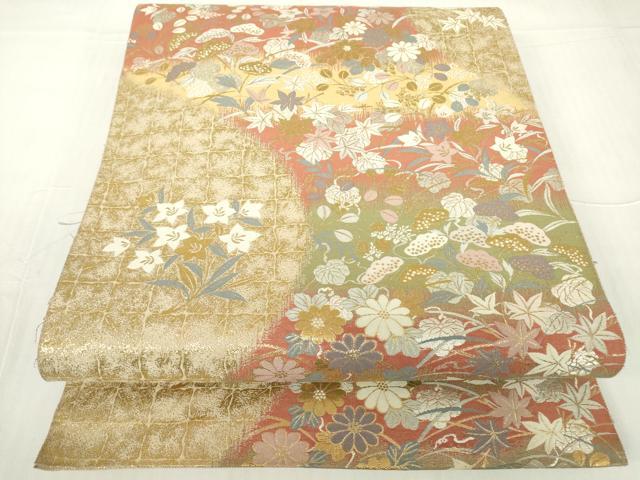 平和屋着物▼伝統工芸士 平田藤三郎 六通柄袋帯 秋草文 金糸 正絹 逸品 DABA4755az
