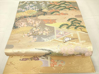 平和屋着物▼六通柄袋帯 吉祥風景花文 金糸 正絹 逸品 DABA4775az