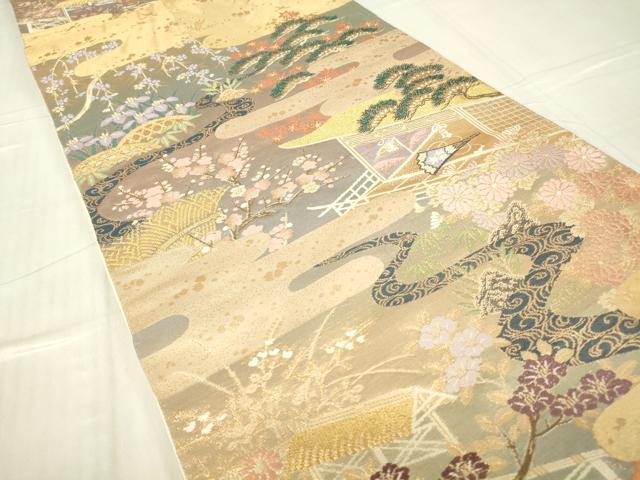 平和屋着物▼六通柄袋帯 吉祥風景花文 金糸 正絹 逸品 DABA4775az