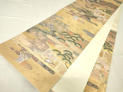 平和屋着物▼六通柄袋帯 吉祥風景花文 金糸 正絹 逸品 DABA4775az