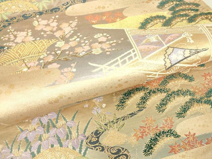 平和屋着物▼六通柄袋帯 吉祥風景花文 金糸 正絹 逸品 DABA4775az