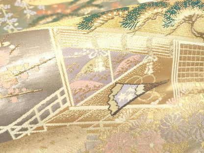 平和屋着物▼六通柄袋帯 吉祥風景花文 金糸 正絹 逸品 DABA4775az