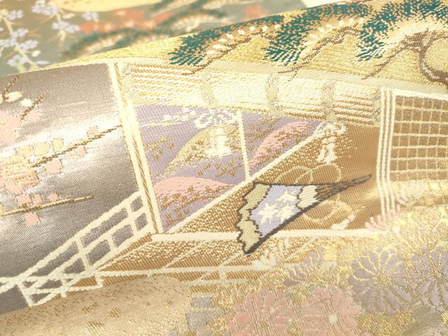 平和屋着物▼六通柄袋帯 吉祥風景花文 金糸 正絹 逸品 DABA4775az
