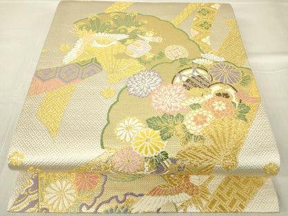 平和屋着物▼西陣 京洛苑たはら謹製 六通柄袋帯 慶寿 檜扇花鳥文 金糸 正絹 逸品 DABA4802az