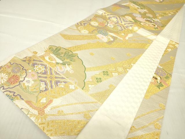 平和屋着物▼西陣 京洛苑たはら謹製 六通柄袋帯 慶寿 檜扇花鳥文 金糸 正絹 逸品 DABA4802az