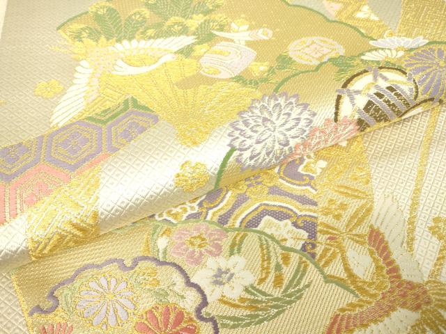 平和屋着物▼西陣 京洛苑たはら謹製 六通柄袋帯 慶寿 檜扇花鳥文 金糸 正絹 逸品 DABA4802az