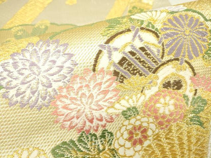 平和屋着物▼西陣 京洛苑たはら謹製 六通柄袋帯 慶寿 檜扇花鳥文 金糸 正絹 逸品 DABA4802az