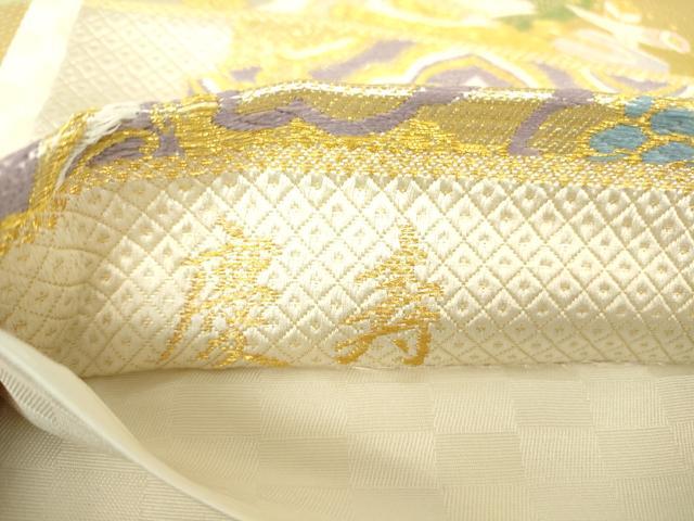 平和屋着物▼西陣 京洛苑たはら謹製 六通柄袋帯 慶寿 檜扇花鳥文 金糸 正絹 逸品 DABA4802az