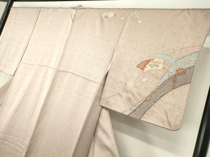 平和屋着物●訪問着　絞り　駒刺繍　扇面花文　金彩　正絹　逸品　DABA4826az