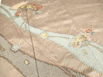 平和屋着物●訪問着　絞り　駒刺繍　扇面花文　金彩　正絹　逸品　DABA4826az