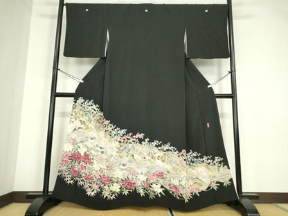 平和屋着物●豪華黒留袖　友禅作家物　群鳥花文　正絹　逸品DABA4827az