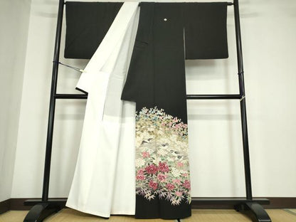 平和屋着物●豪華黒留袖　友禅作家物　群鳥花文　正絹　逸品DABA4827az