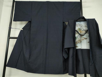 平和屋着物●男性　紬　アンサンブル　濃藍色　正絹　逸品　DABA4836az