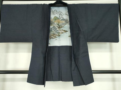 平和屋着物●男性　紬　アンサンブル　濃藍色　正絹　逸品　DABA4836az
