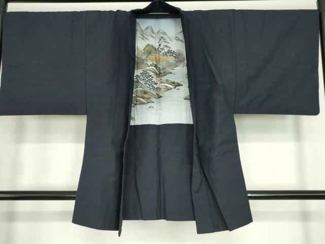 平和屋着物●男性　紬　アンサンブル　濃藍色　正絹　逸品　DABA4836az