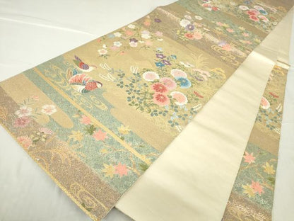 平和屋着物▼六通柄袋帯　寿秋花園文　金糸　正絹　逸品　DABA4873az