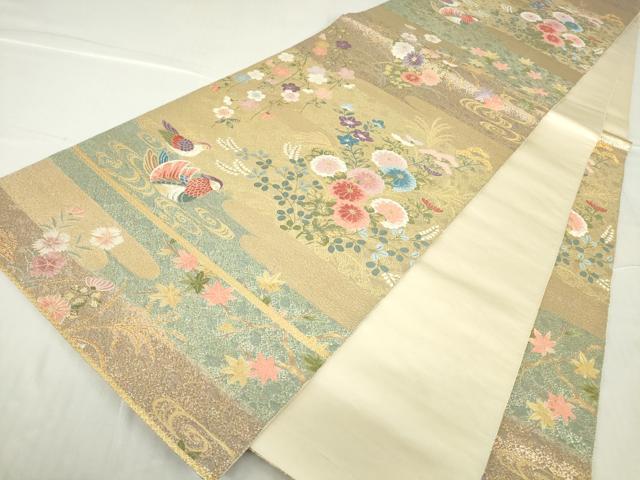 平和屋着物▼六通柄袋帯　寿秋花園文　金糸　正絹　逸品　DABA4873az