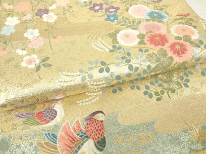 平和屋着物▼六通柄袋帯　寿秋花園文　金糸　正絹　逸品　DABA4873az